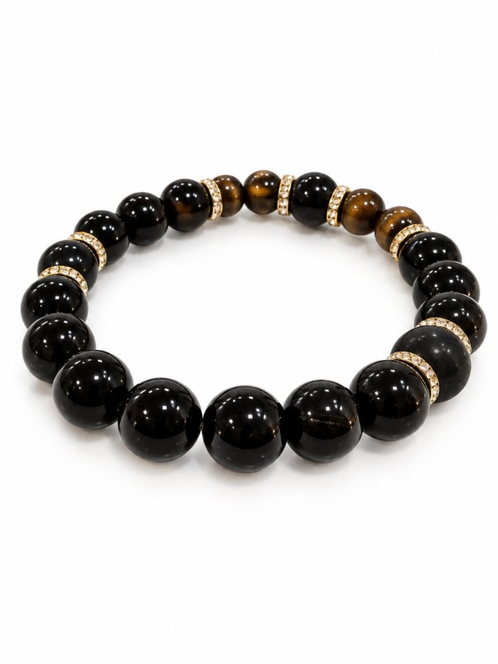 Tiger Eye & Black Onyx Gemstone Bead Stretch Bracelet Rhinestone Accents